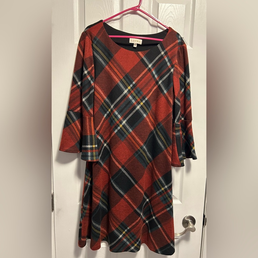 Laura Red and Black Plaid Long Fluted Sleeve Dress